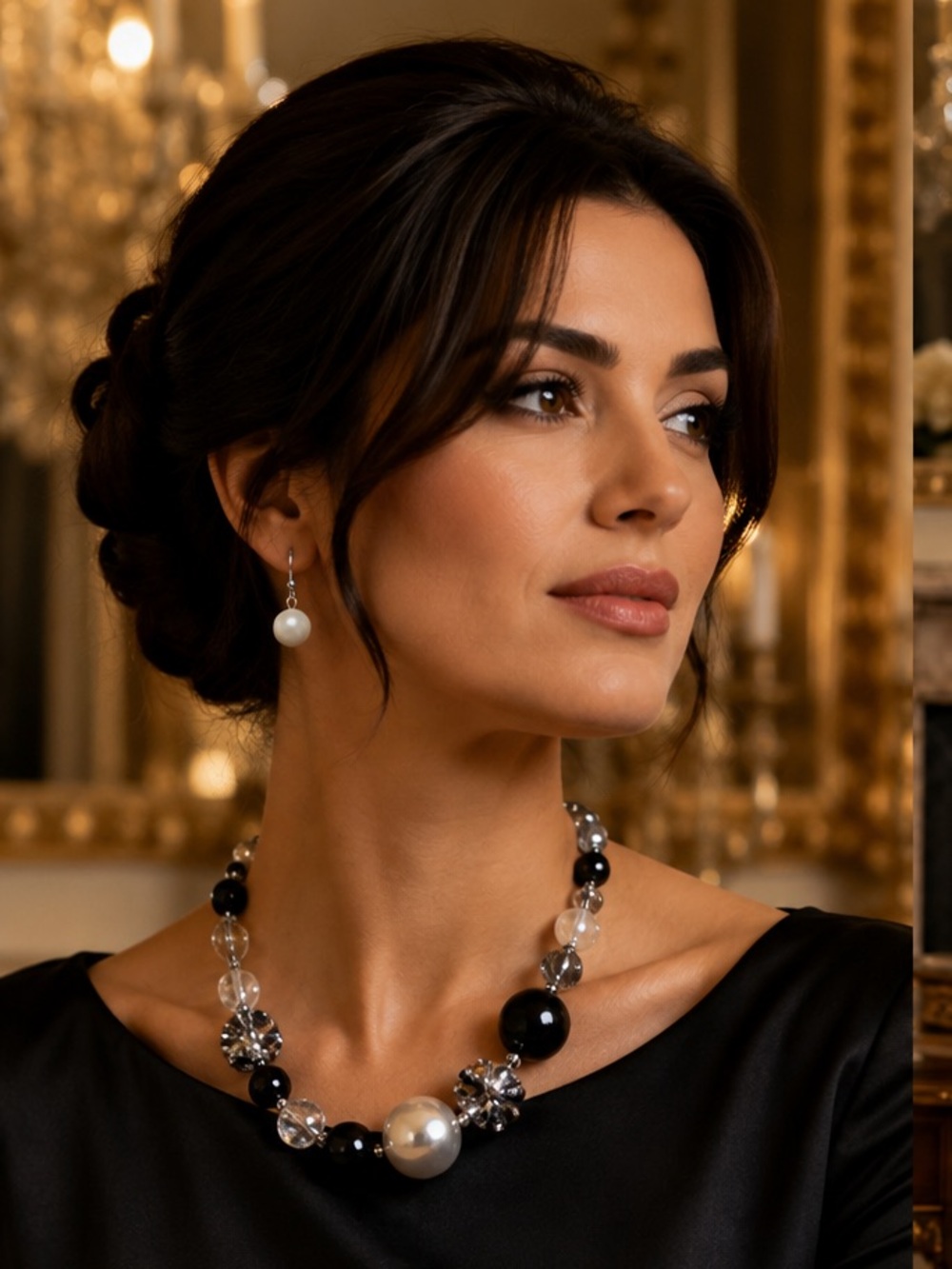 Chunky Statement Necklace Silver , Black and Pearl